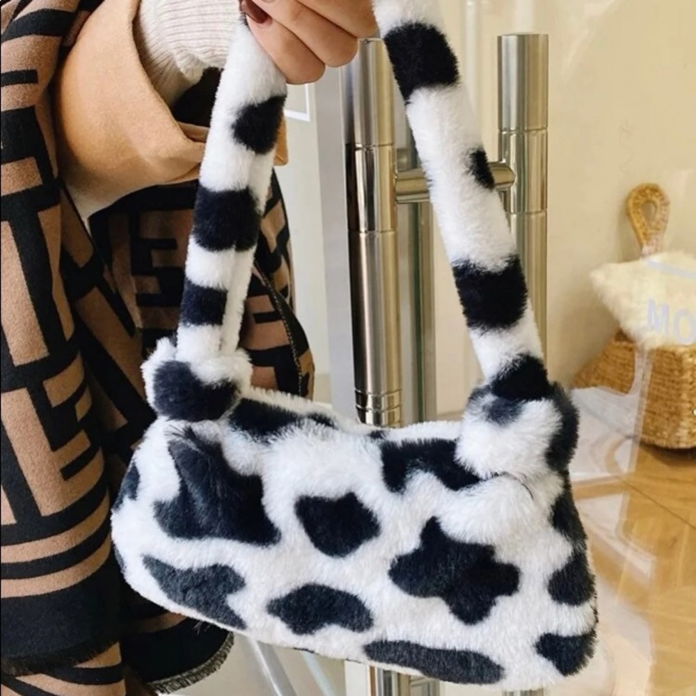 cow print fluffy purse